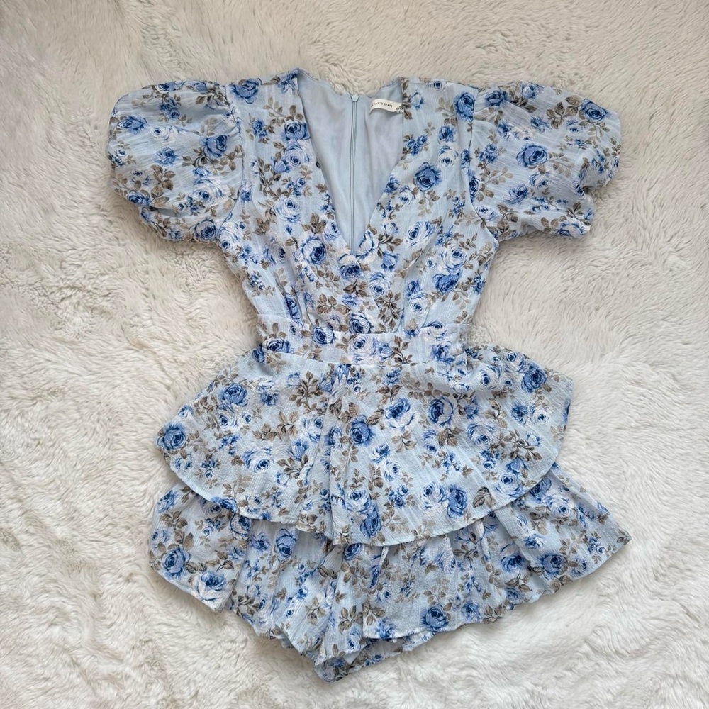 Altar’d State Baby Blue Floral Puff Sleeve Romper